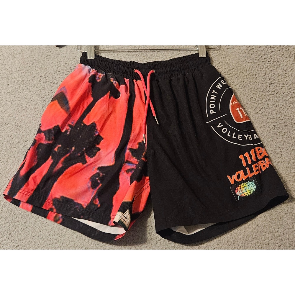 Slunks 118 Boys Volleyball Club Shorts Mens Size Small Black Red Palm Tree 5"